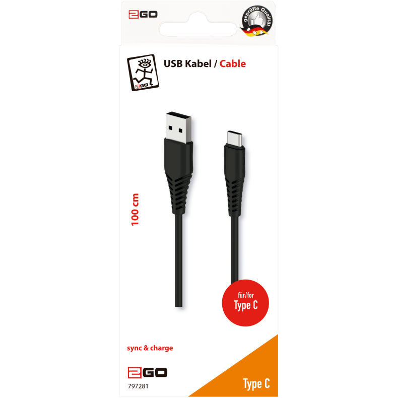 USB A / USB C  cable, 1m, sort
