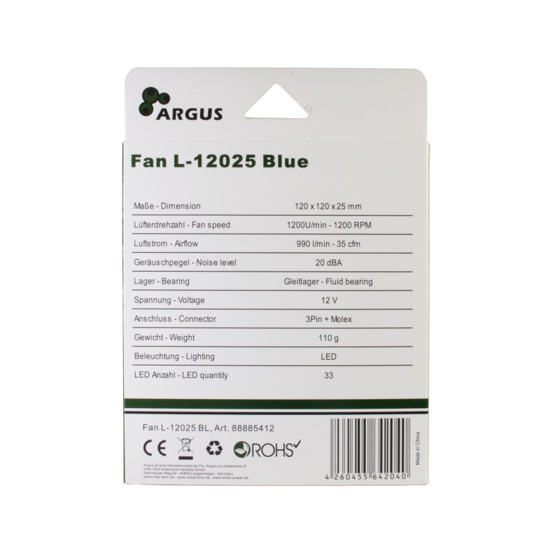 120mm Bl� LED max 20db. 3pin/ 4pin molex