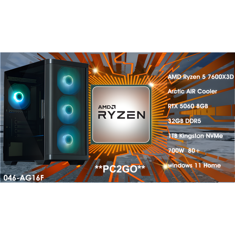  Luc Computer AG16 Ryzen5 7600X3D 1TB NVMe, 32GB, RTX5060 Win11 PC2GO
